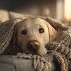 Labrador Retriever resting its head on owner’s lap