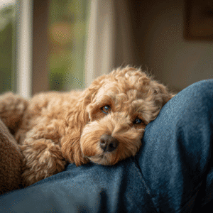 Cockapoo being hugged by family