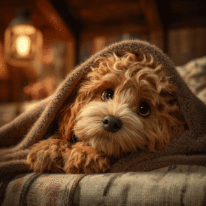 Cavapoo puppy snuggled in blanket