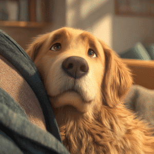 Golden Retriever cuddling on sofa with owner